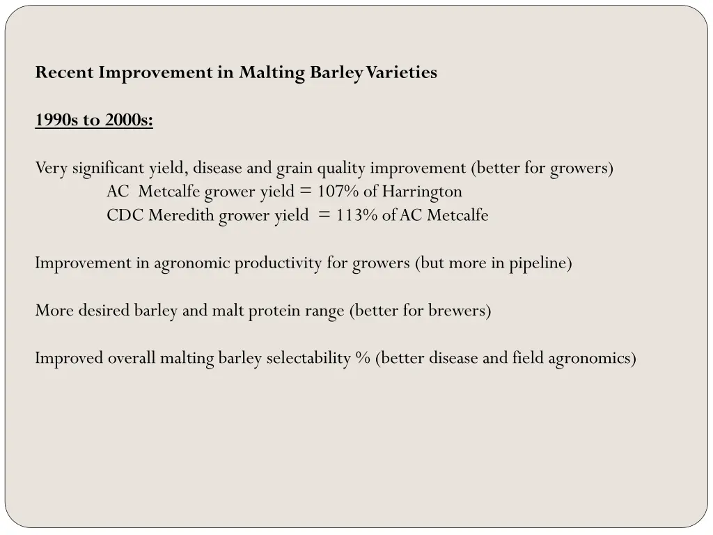 recent improvement in malting barley varieties