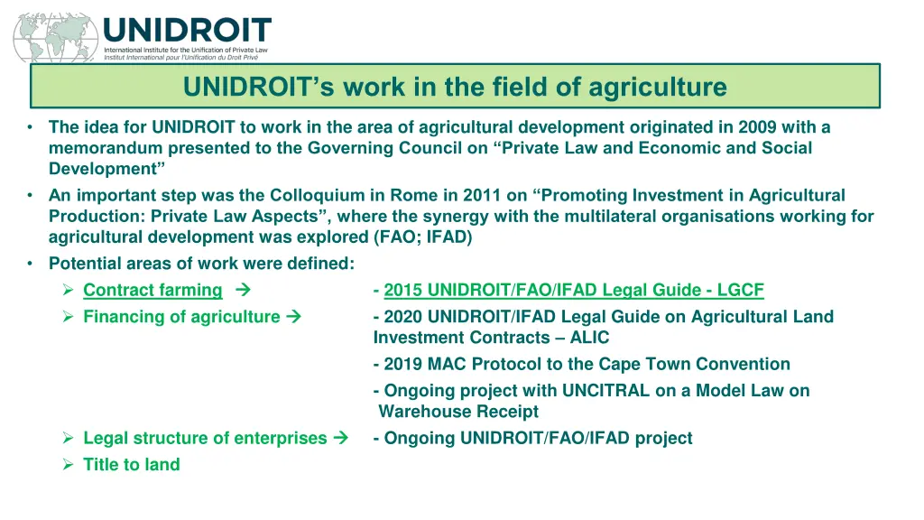 unidroit s work in the field of agriculture
