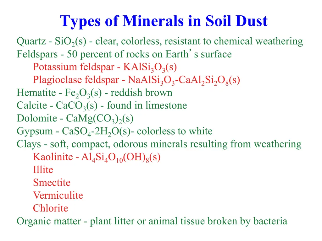 types of minerals in soil dust