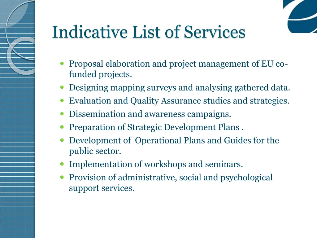indicative list of services