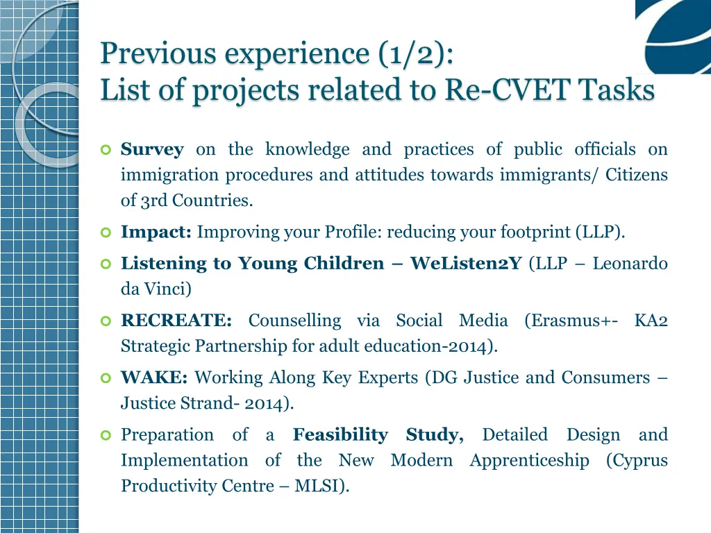 previous experience 1 2 list of projects related