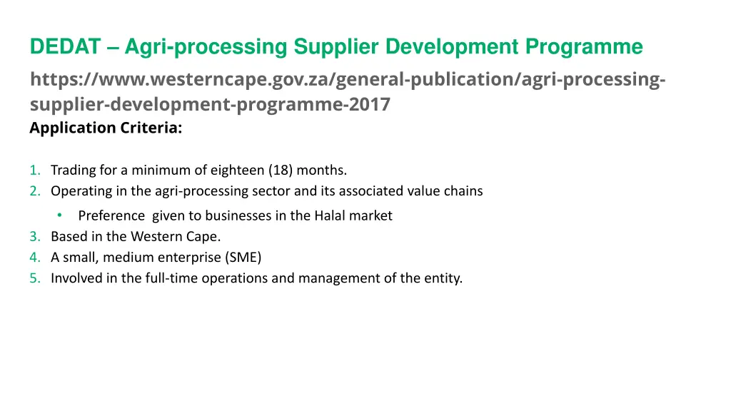 dedat agri processing supplier development