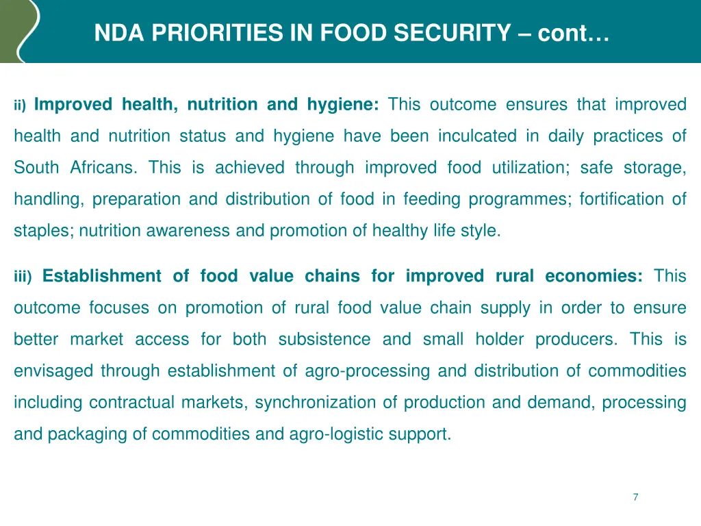nda priorities in food security cont
