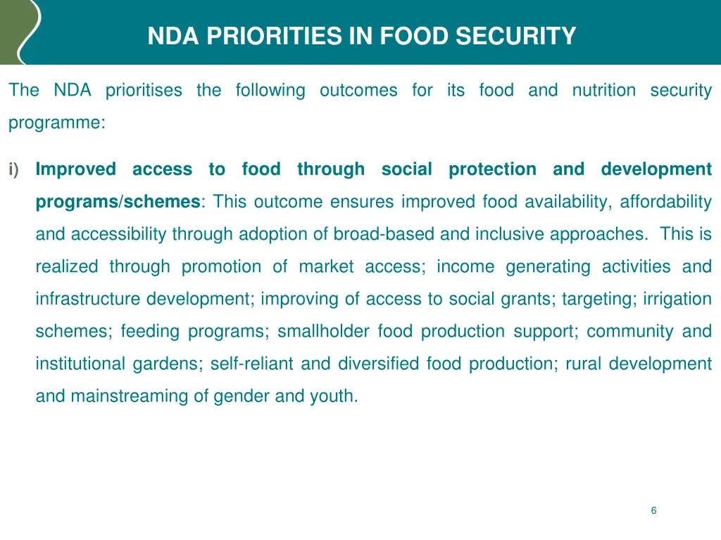 nda priorities in food security