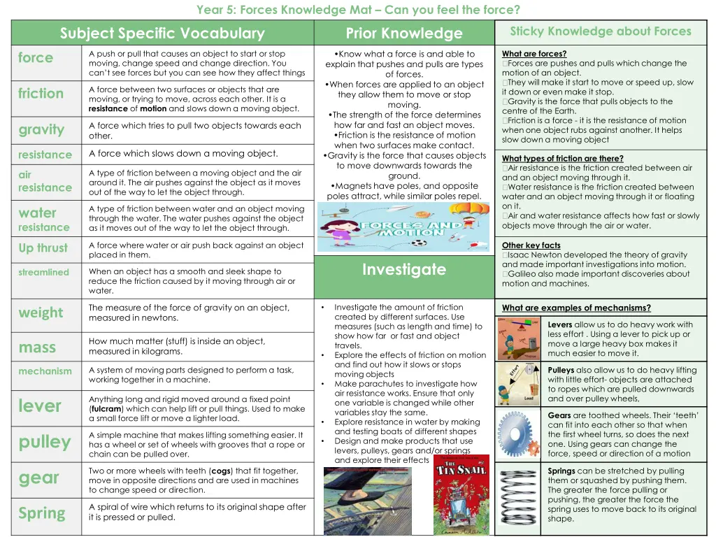 year 5 forces knowledge mat can you feel