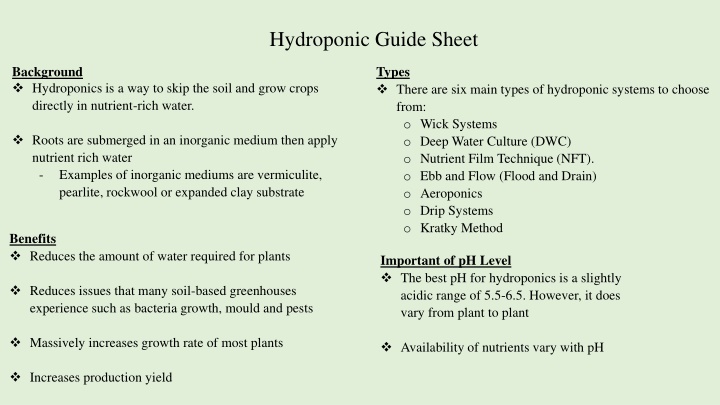 hydroponic guide sheet