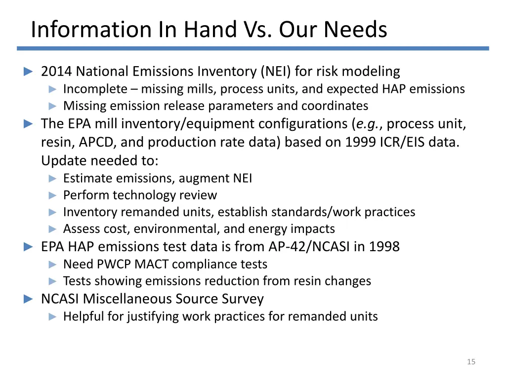 information in hand vs our needs