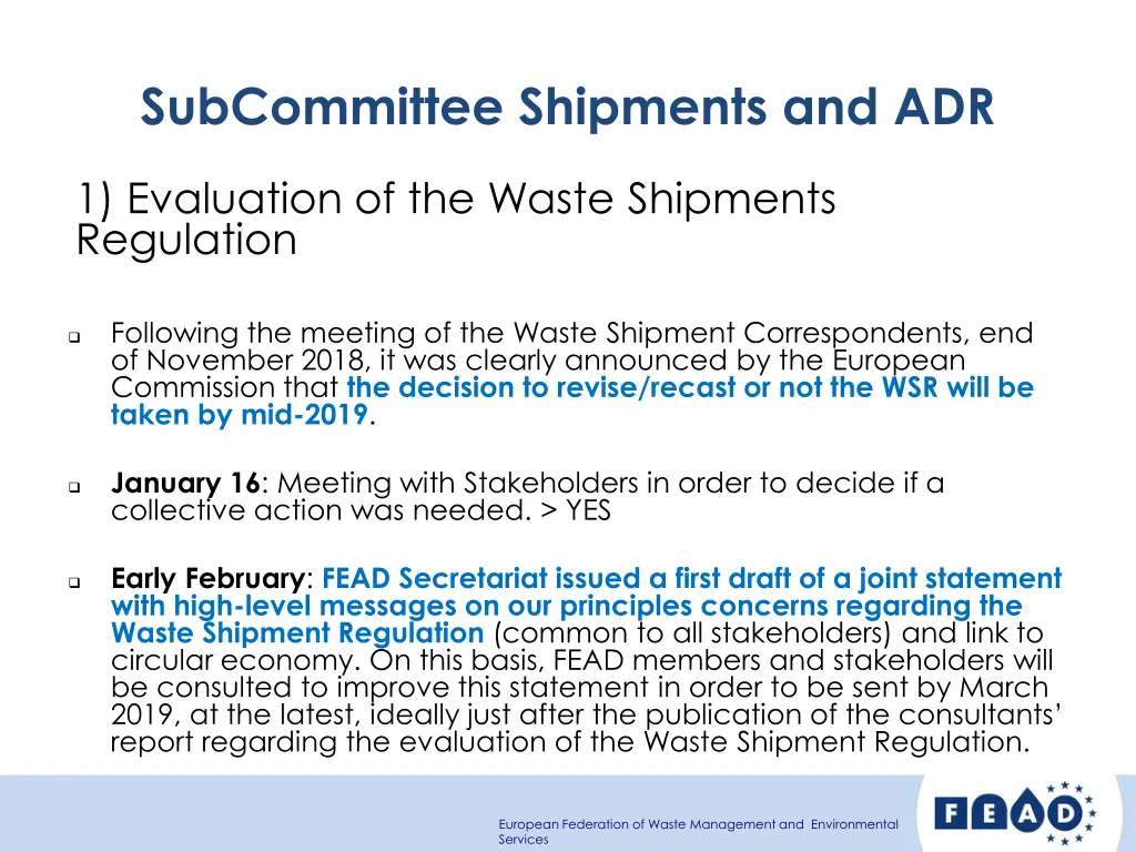 subcommittee shipments and adr