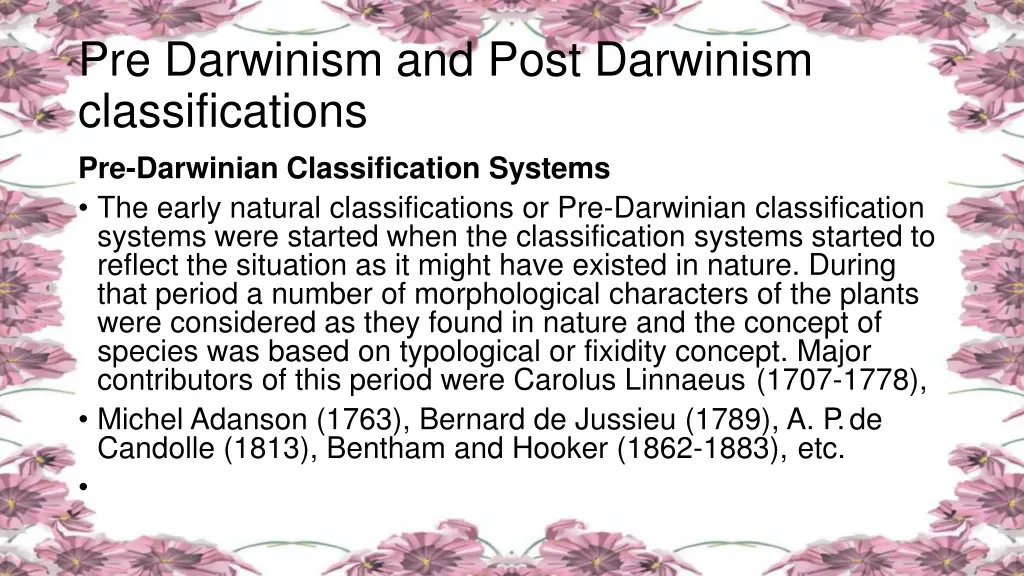 pre darwinism and post darwinism classifications