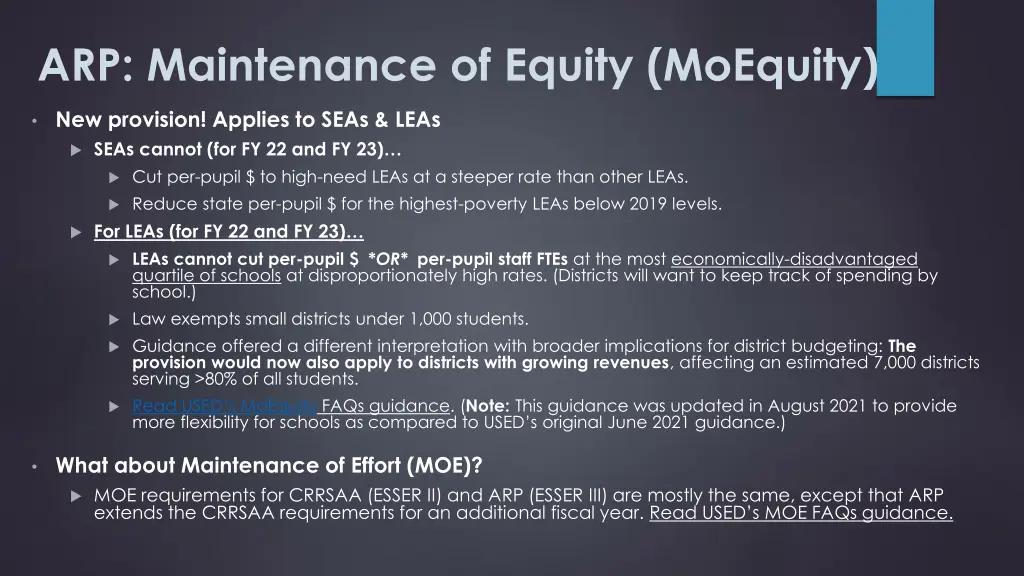 arp maintenance of equity moequity
