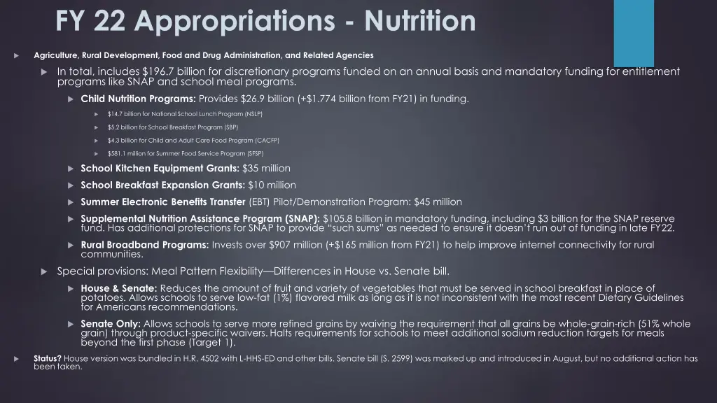 fy 22 appropriations nutrition