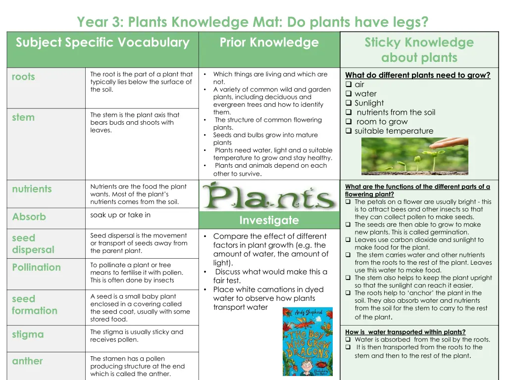 year 3 plants knowledge mat do plants have legs