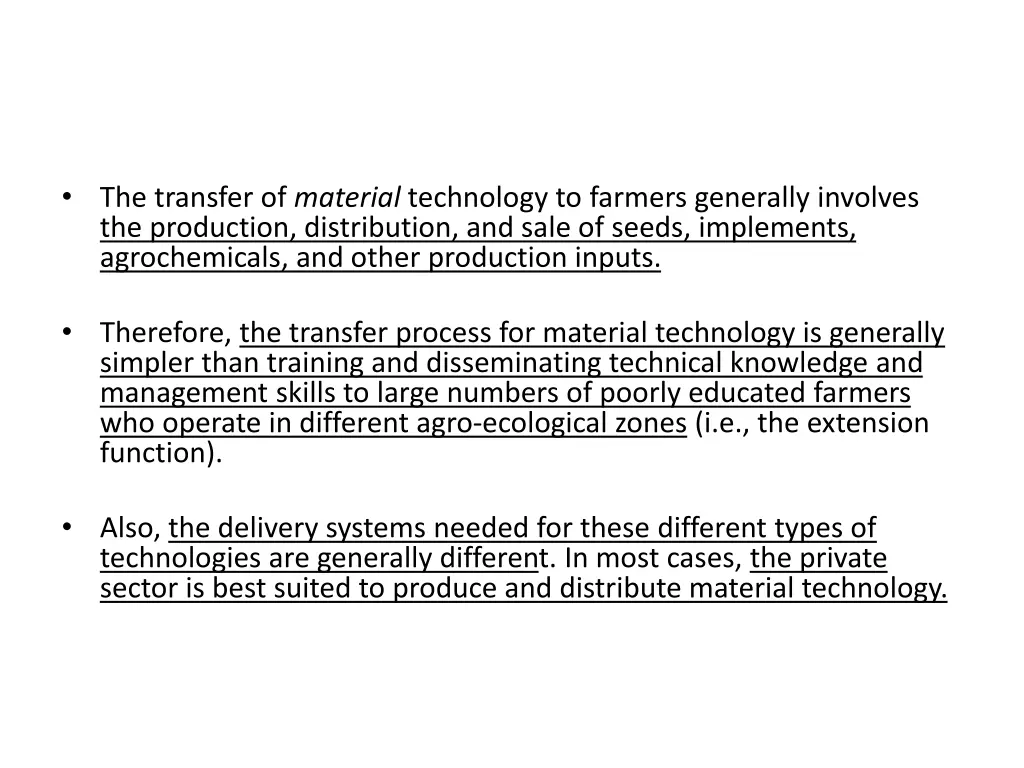 the transfer of material technology to farmers