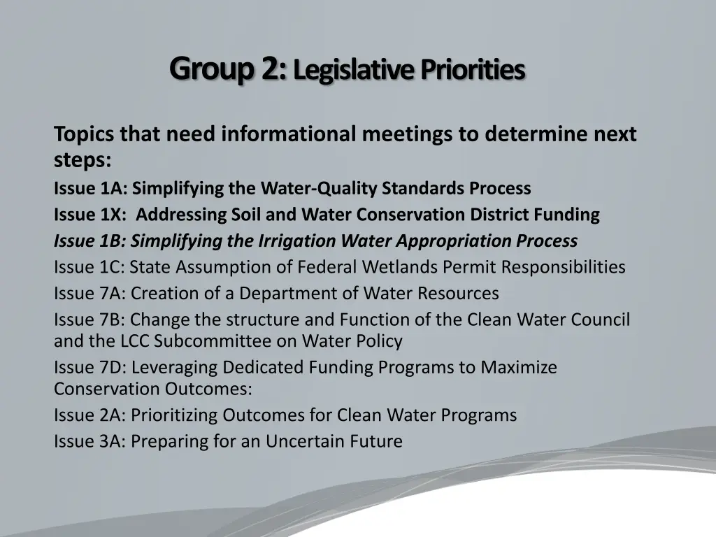 group 2 legislative priorities