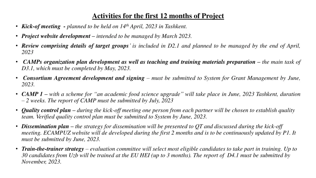 activities for the first 12 months of project
