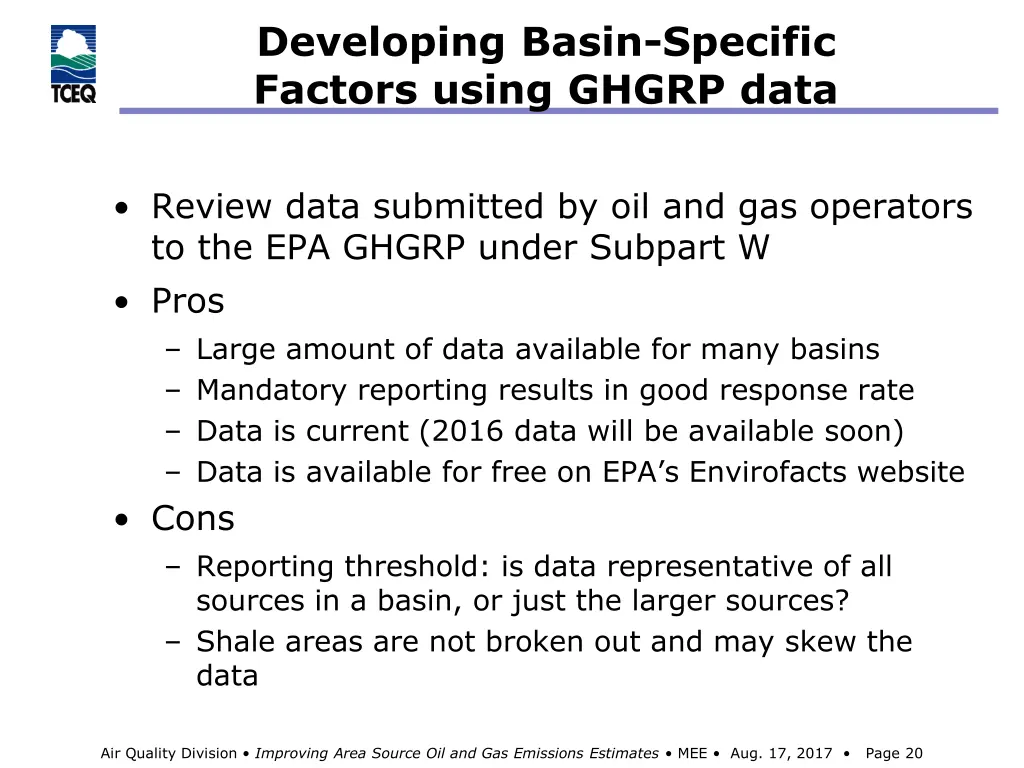 developing basin specific factors using ghgrp data