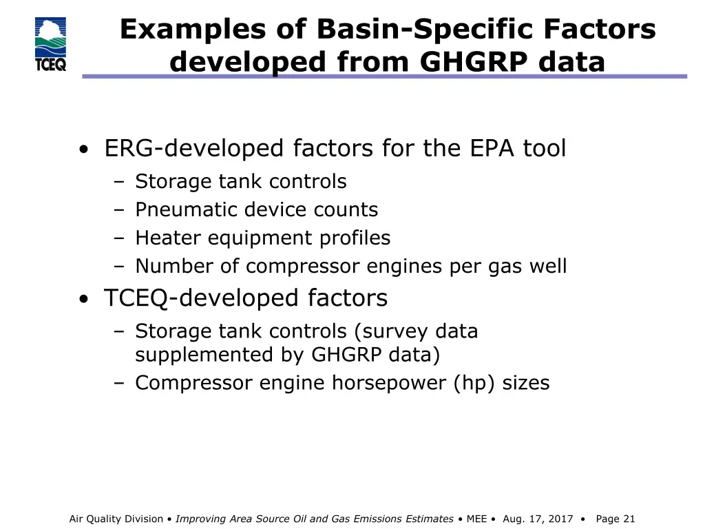 examples of basin specific factors developed from