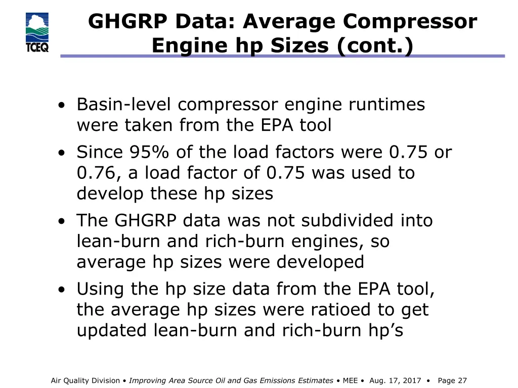 ghgrp data average compressor engine hp sizes cont 1