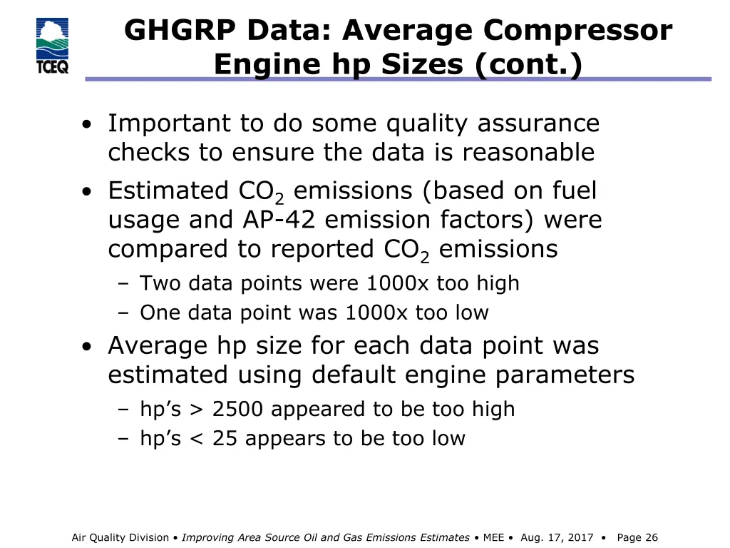ghgrp data average compressor engine hp sizes cont