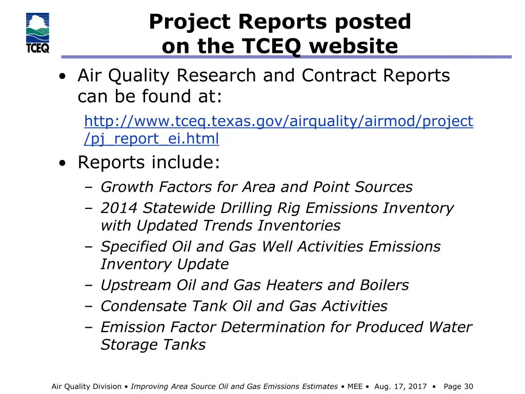 project reports posted on the tceq website