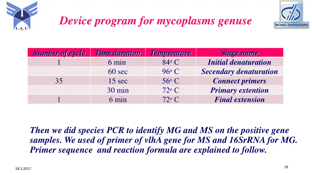 device program for mycoplasms genuse