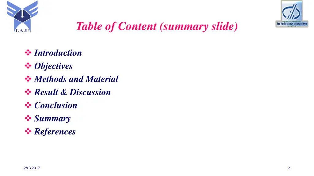 table of content summary slide