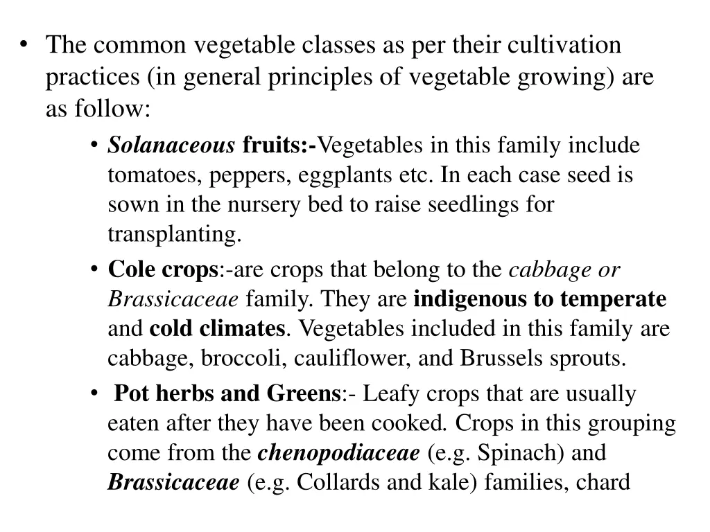 the common vegetable classes as per their