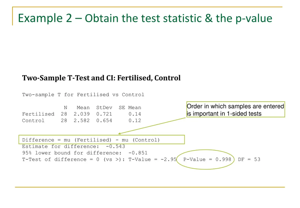 example 2 obtain the test statistic the p value 1