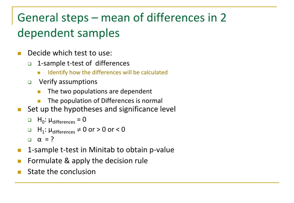 general steps mean of differences in 2 dependent