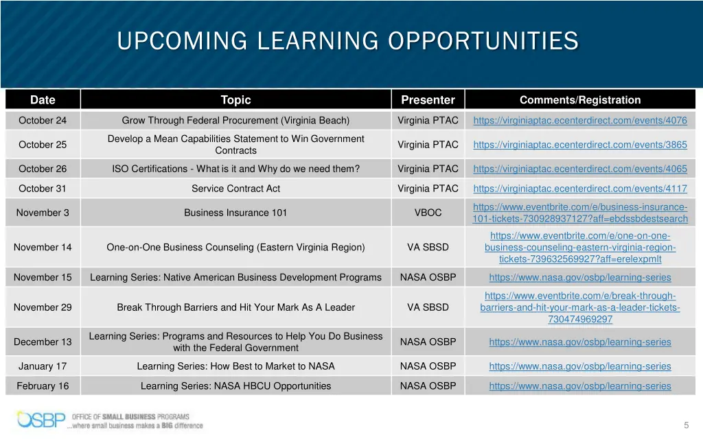 upcoming learning opportunities