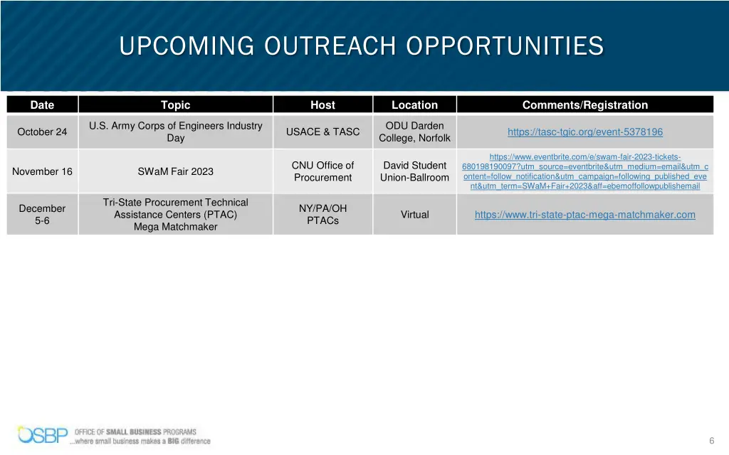 upcoming outreach opportunities