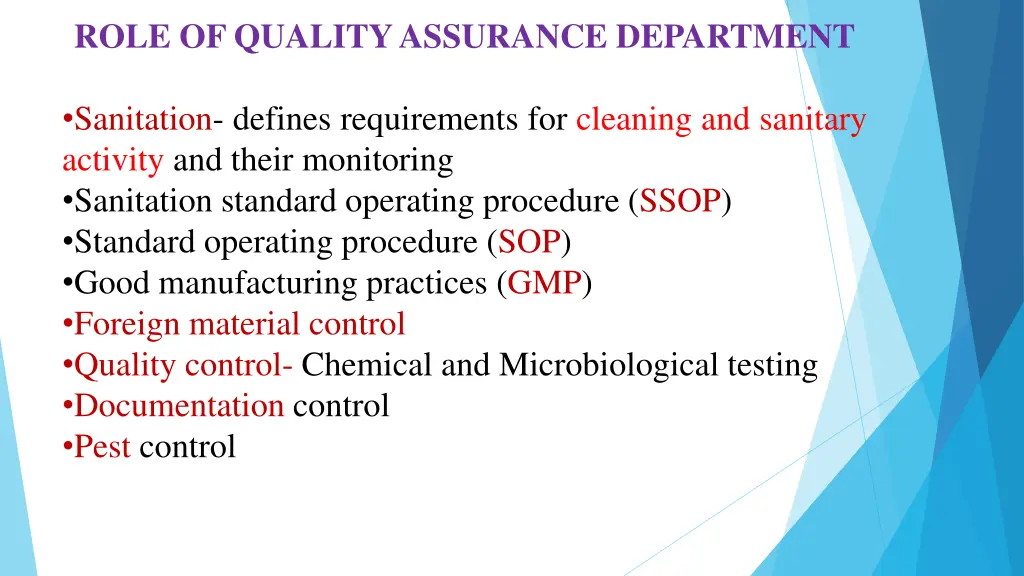 role of quality assurance department