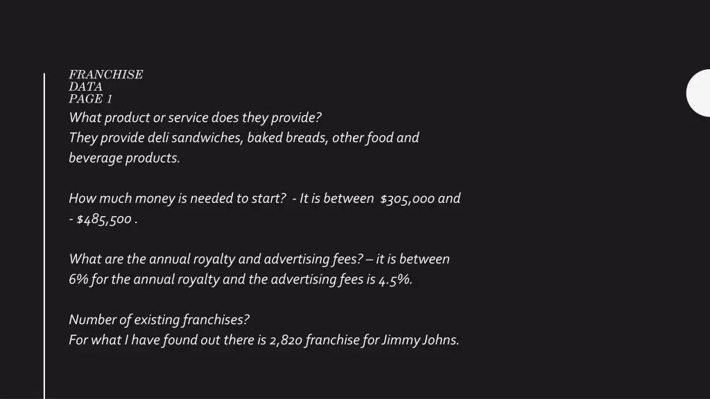 franchise data page 1 what product or service