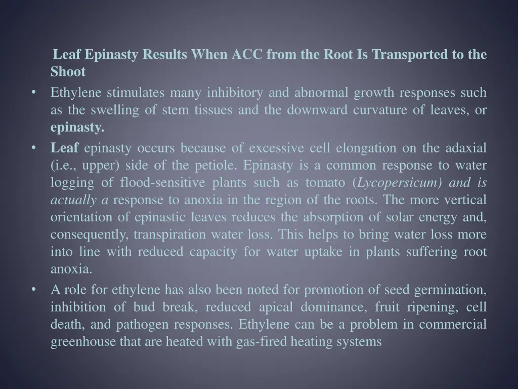 leaf epinasty results when acc from the root