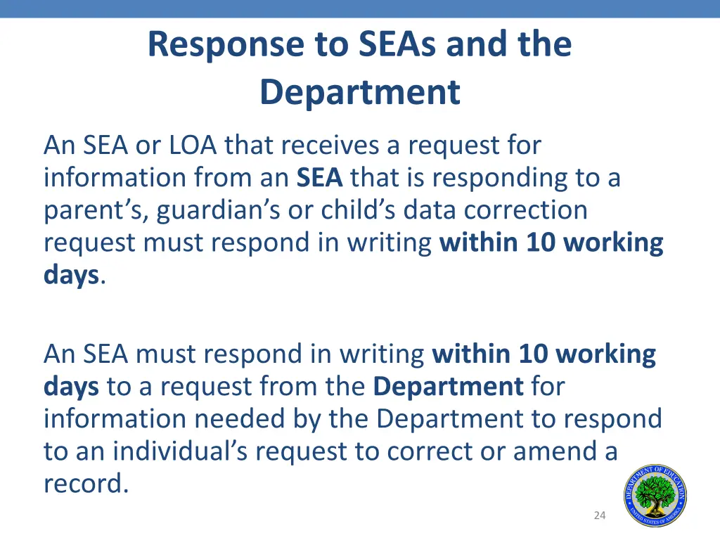 response to seas and the department