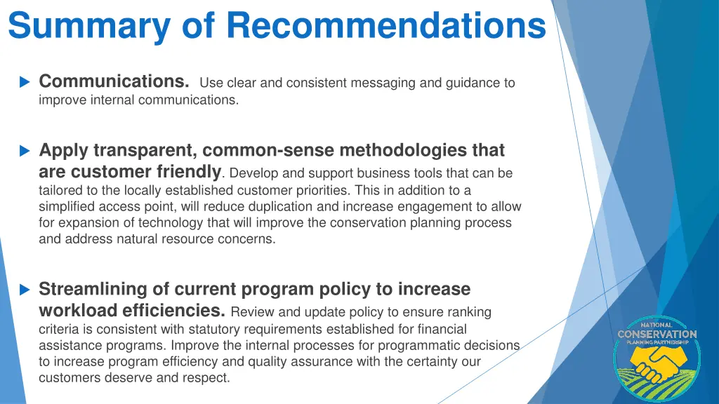 summary of recommendations