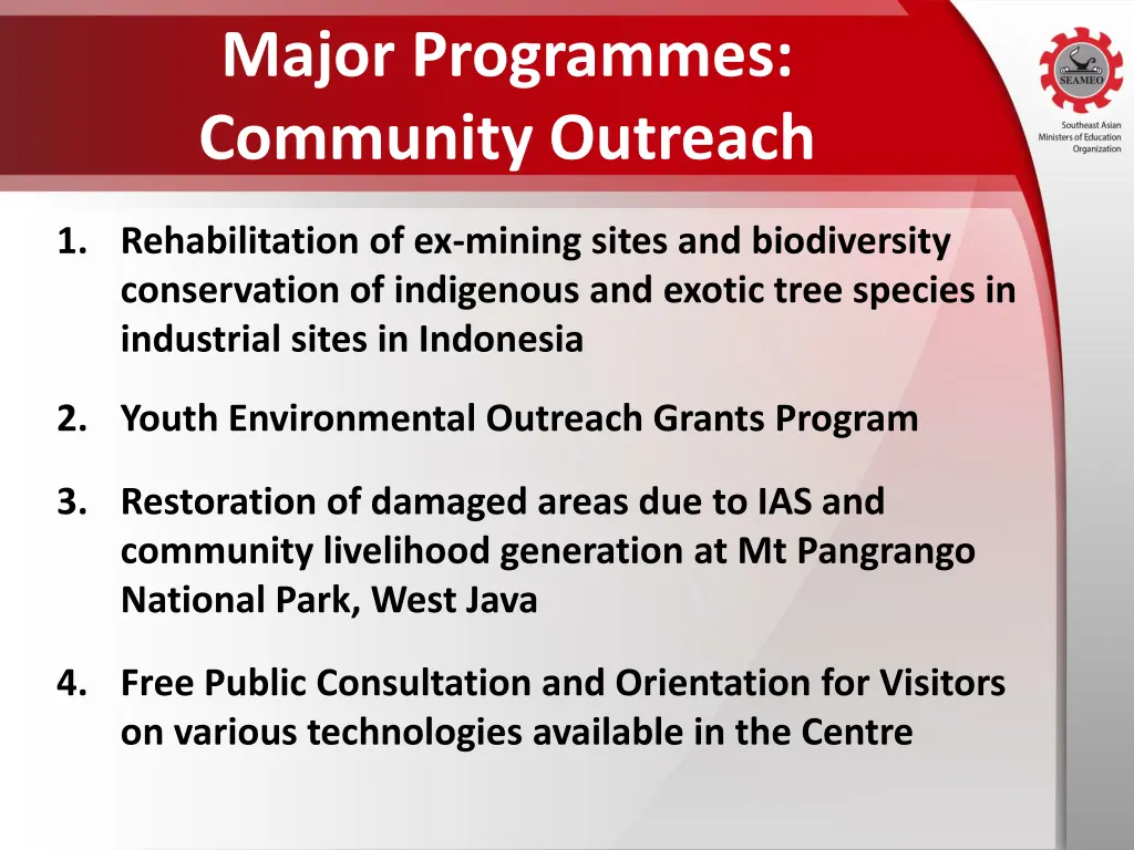 major programmes community outreach