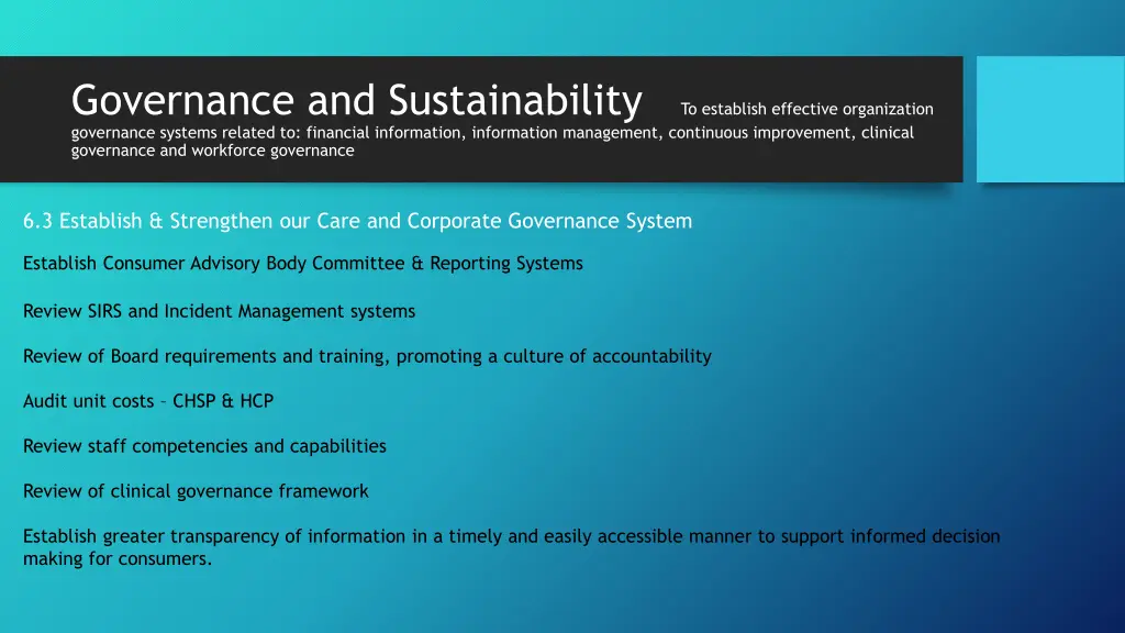 governance and sustainability to establish