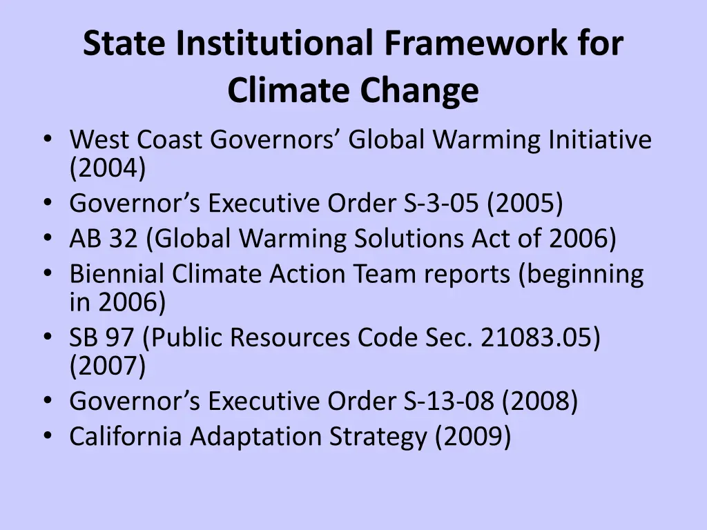 state institutional framework for climate change