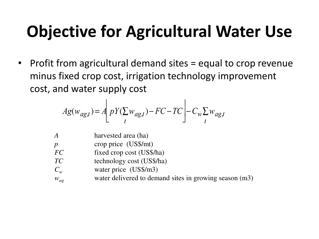 objective for agricultural water use