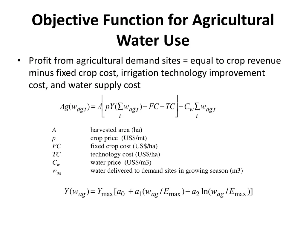 objective function for agricultural water use