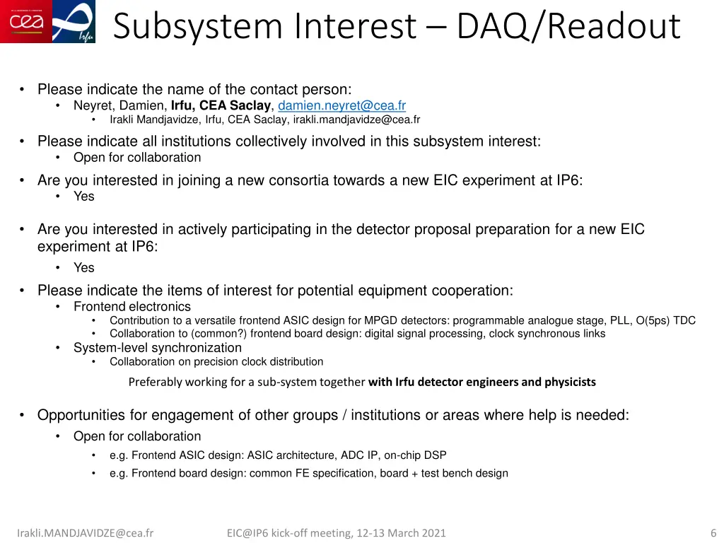 subsystem interest daq readout 2