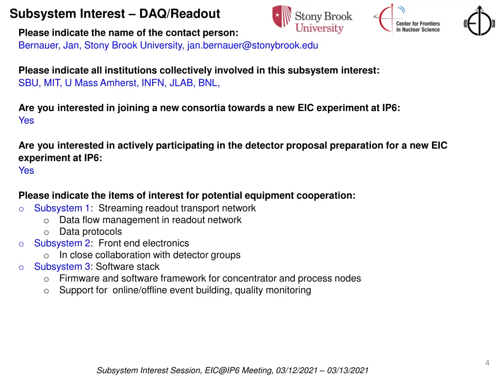 subsystem interest daq readout