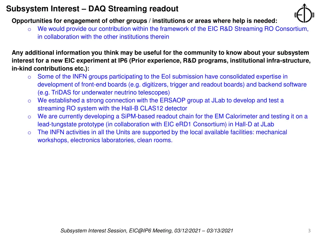 subsystem interest daq streaming readout 1