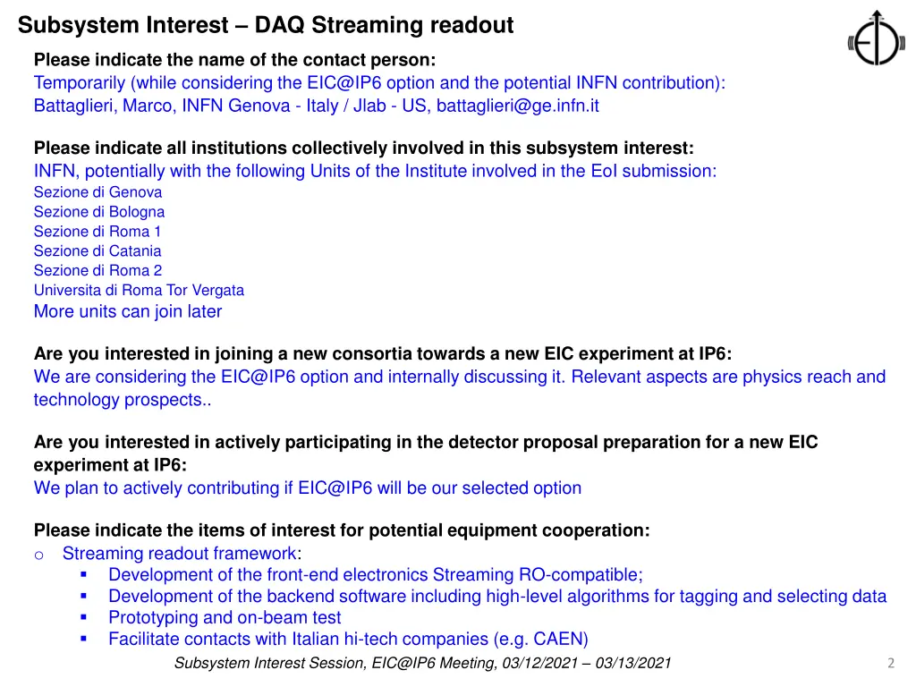 subsystem interest daq streaming readout