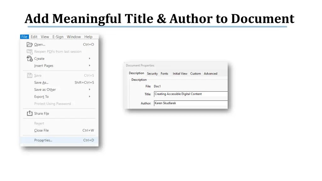 add meaningful title author to document