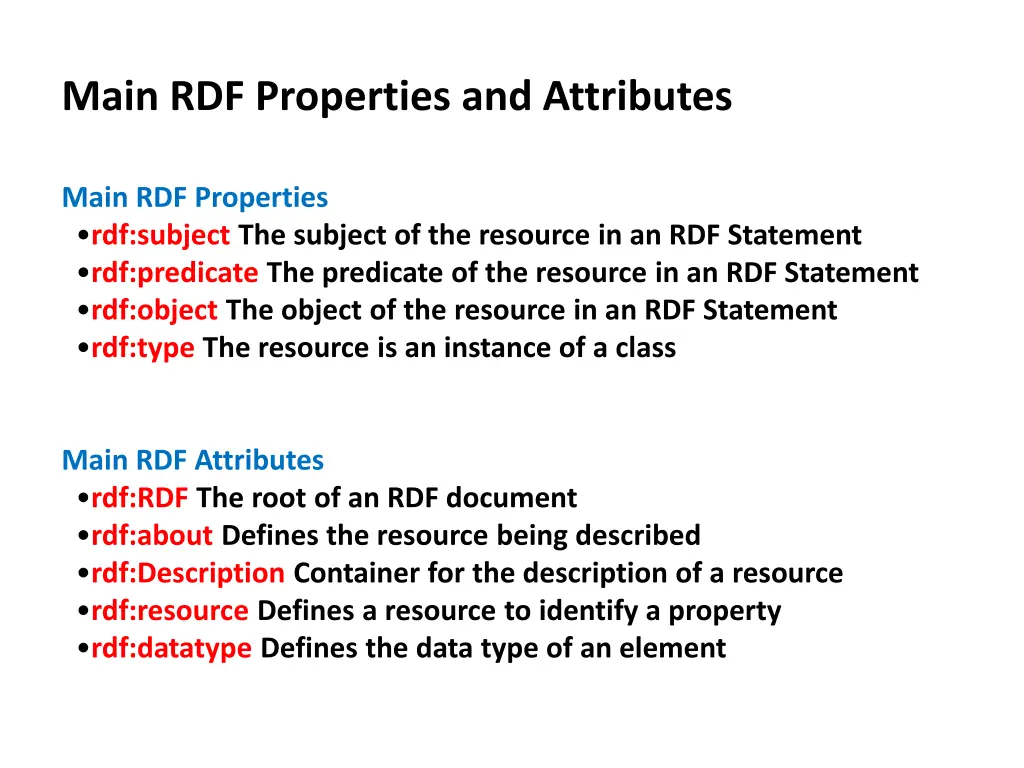 main rdf properties and attributes