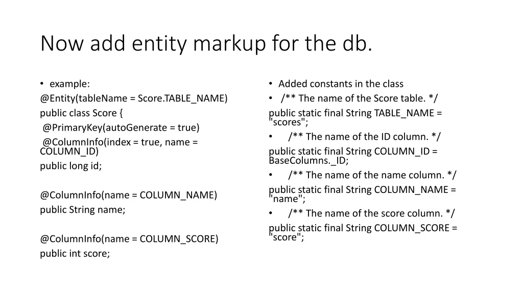 now add entity markup for the db