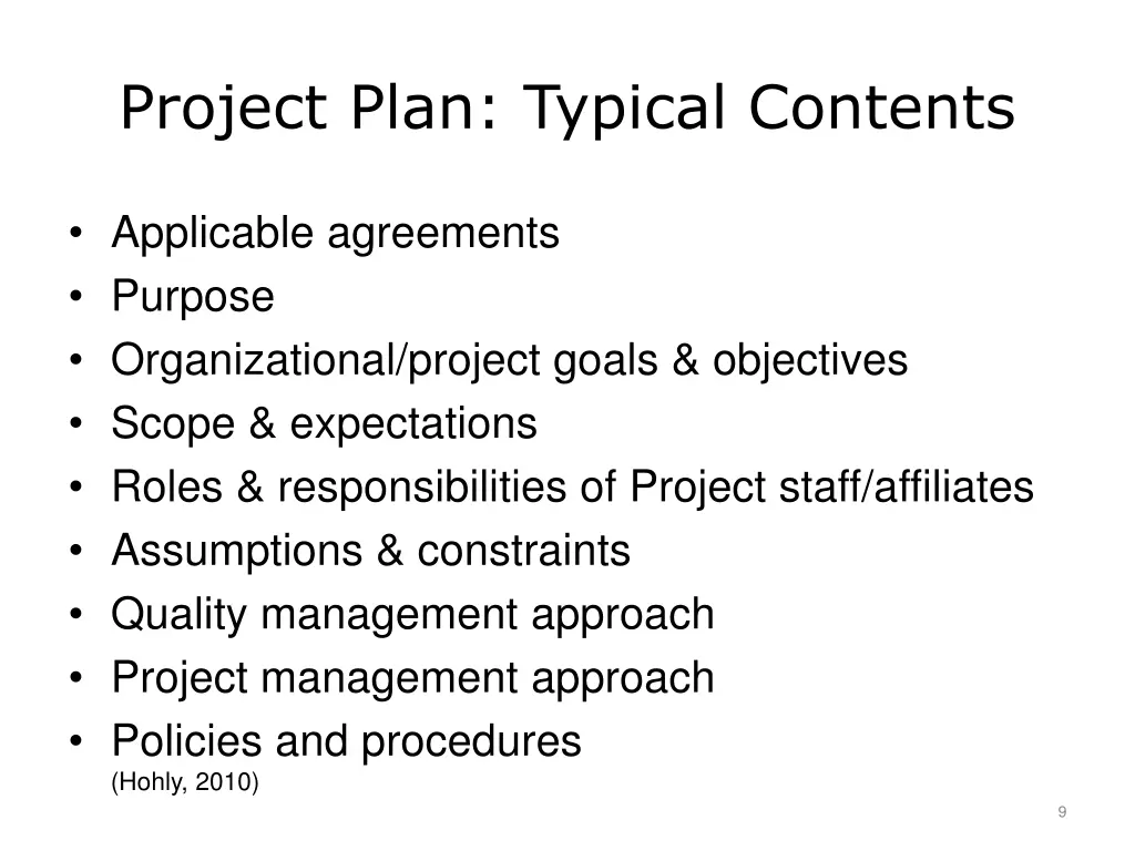 project plan typical contents