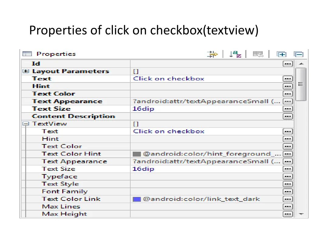properties of click on checkbox textview